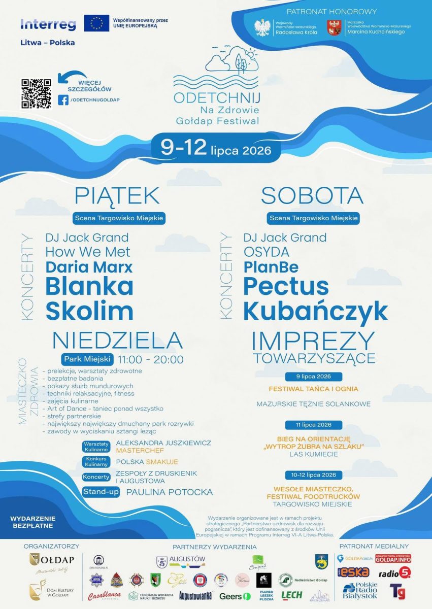 Plakat zapraszający w dniach 10-12 lipca 2026 r. do Gołdapi na coroczną imprezę Odetchnij na Zdrowie - Gołdap Festiwal 2026.