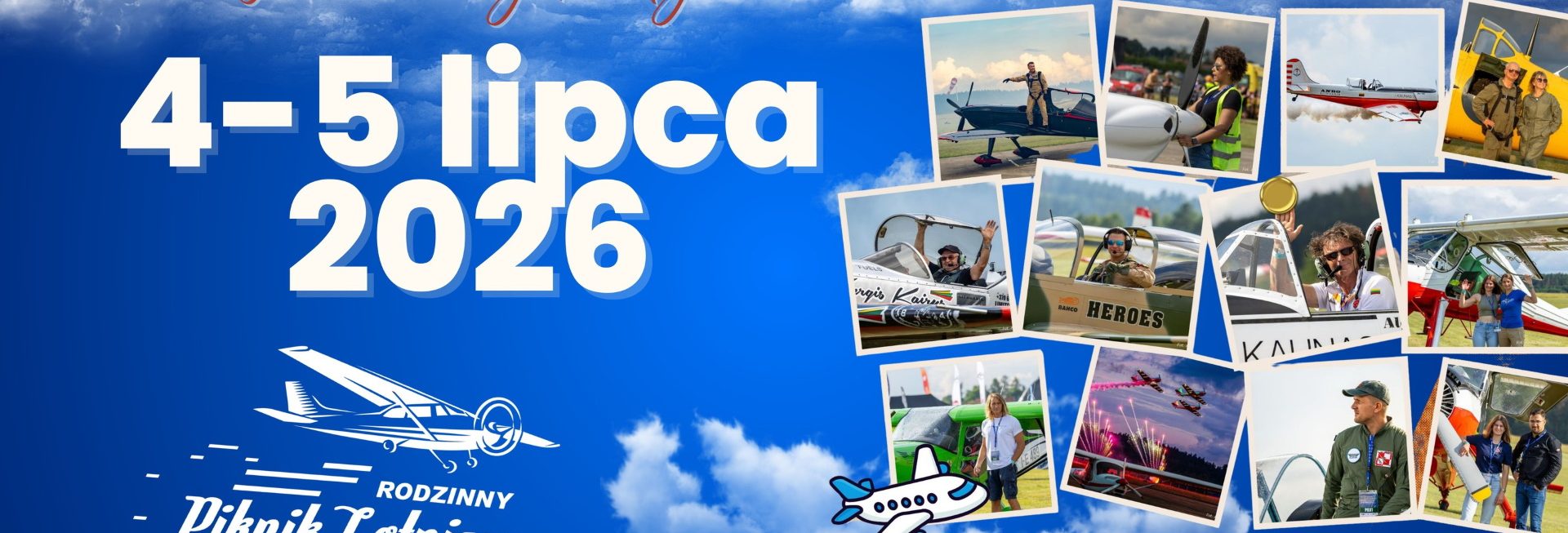 Plakat zapraszający w dniach 4-5 lipca 2026 r. do miejscowości Gryźliny w gminie Stawiguda na 12. edycję Rodzinnego Pikniku Lotniczego Gryźliny 2026.