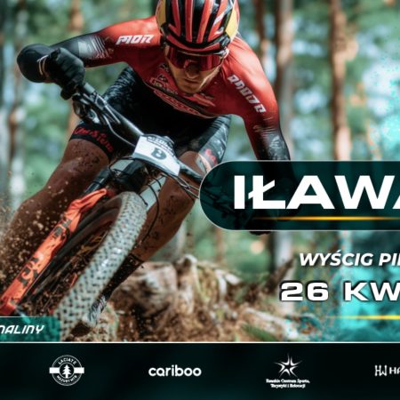 Plakat zapraszający w niedzielę 26 kwietnia 2026 r. do Iławy na Łaciate Mazury MTB „Wyścig Pięciu Jezior” Iława 2026. 