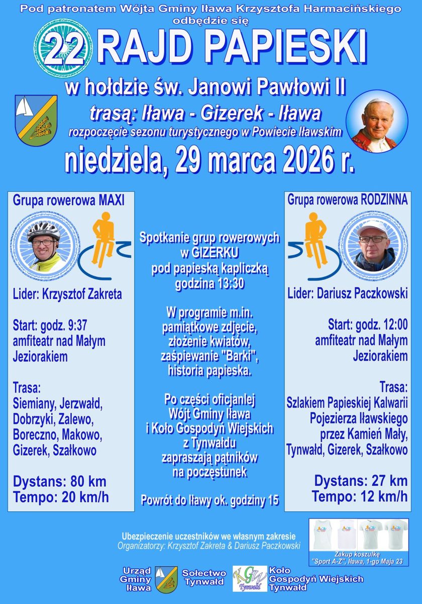 Plakat zapraszający w niedzielę 29 marca 2026 r. do Iławy na Rowerowy Rajd Papieski Iława - Gizerek - Iława 2026. 