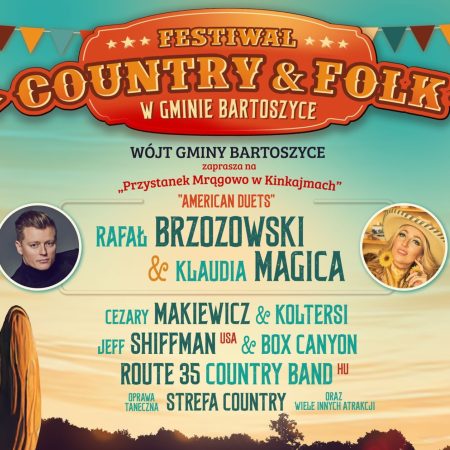 Plakat zapraszający w sobotę 18 lipca 2026 r. nad jezioro Kinkajmy w gminie Bartoszyce na Festiwal Country & Folk Jezioro Kinkajmy 2026.