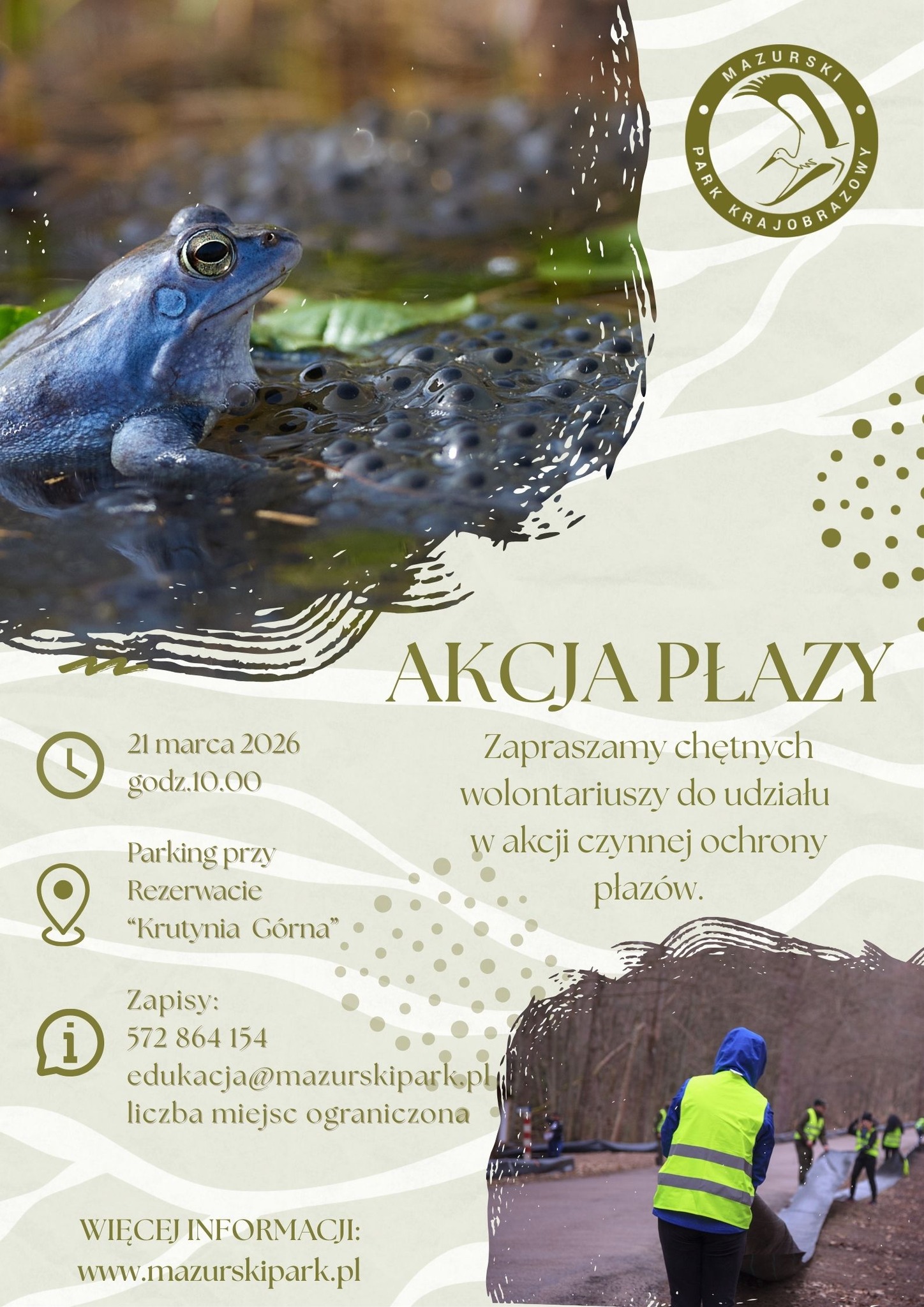 Plakat zapraszający w sobotę 21 marca 2026 r. do Krutyni na Akcję Płazy - Mazurski Park Krajobrazowy Krutyń 2026.