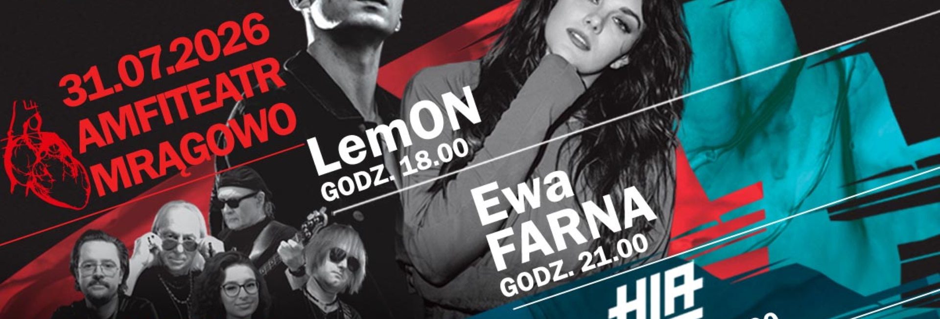 Plakat zapraszający w piątek 31 lipca 2026 r. do Mrągowa na Festiwal "12 Godzin Serce Mazur" Mrągowo 2026. 