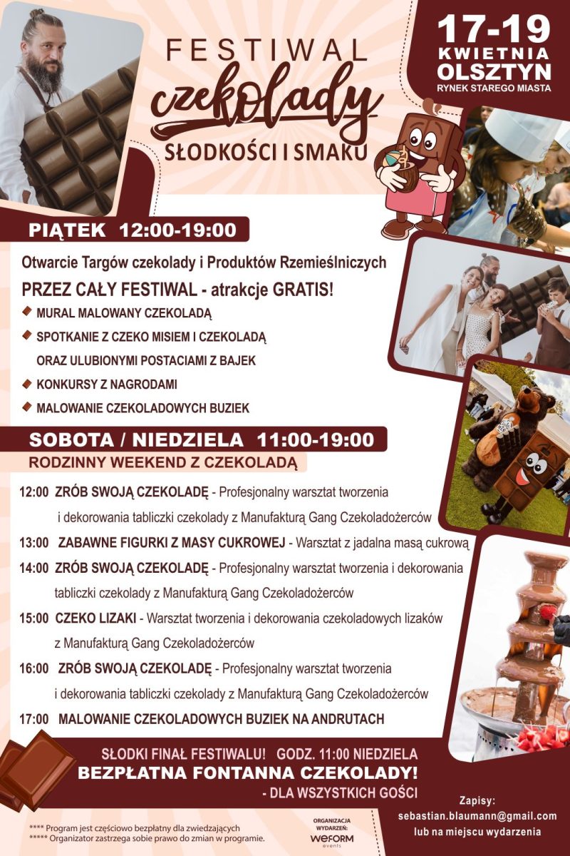 Plakat zapraszający w dniach 17-19 kwietnia 2026 r. do Olsztyna na Festiwal Czekolady, Słodkości i Smaku Olsztyn 2026. 