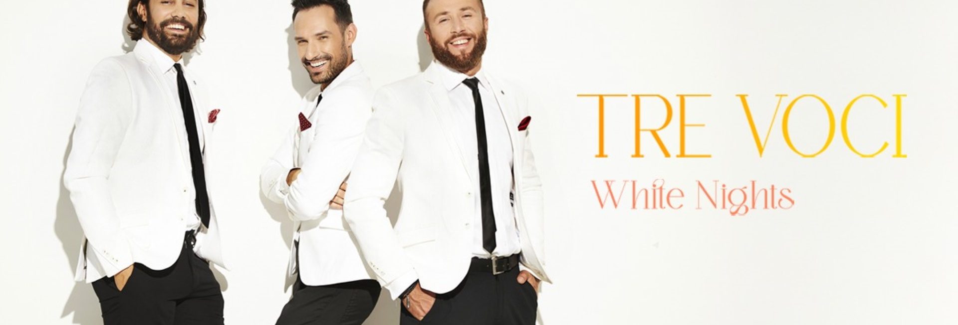 Plakat zapraszający w sobotę 25 kwietnia 2026 r. do Olsztyna na koncert Tre Voci – „WHITE NIGHTS” – magia muzyki, która nie zasypia Filharmonia Olsztyn 2026. 