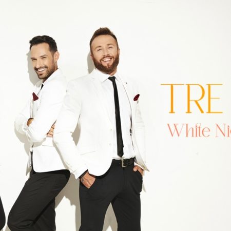 Plakat zapraszający w sobotę 25 kwietnia 2026 r. do Olsztyna na koncert Tre Voci – „WHITE NIGHTS” – magia muzyki, która nie zasypia Filharmonia Olsztyn 2026. 