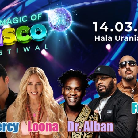 Plakat zapraszający w sobotę 14 marca 2026 r. do Olsztyna na Koncert "The Magic of Disco Festiwal - lata 90" Hala Urania 2026. 