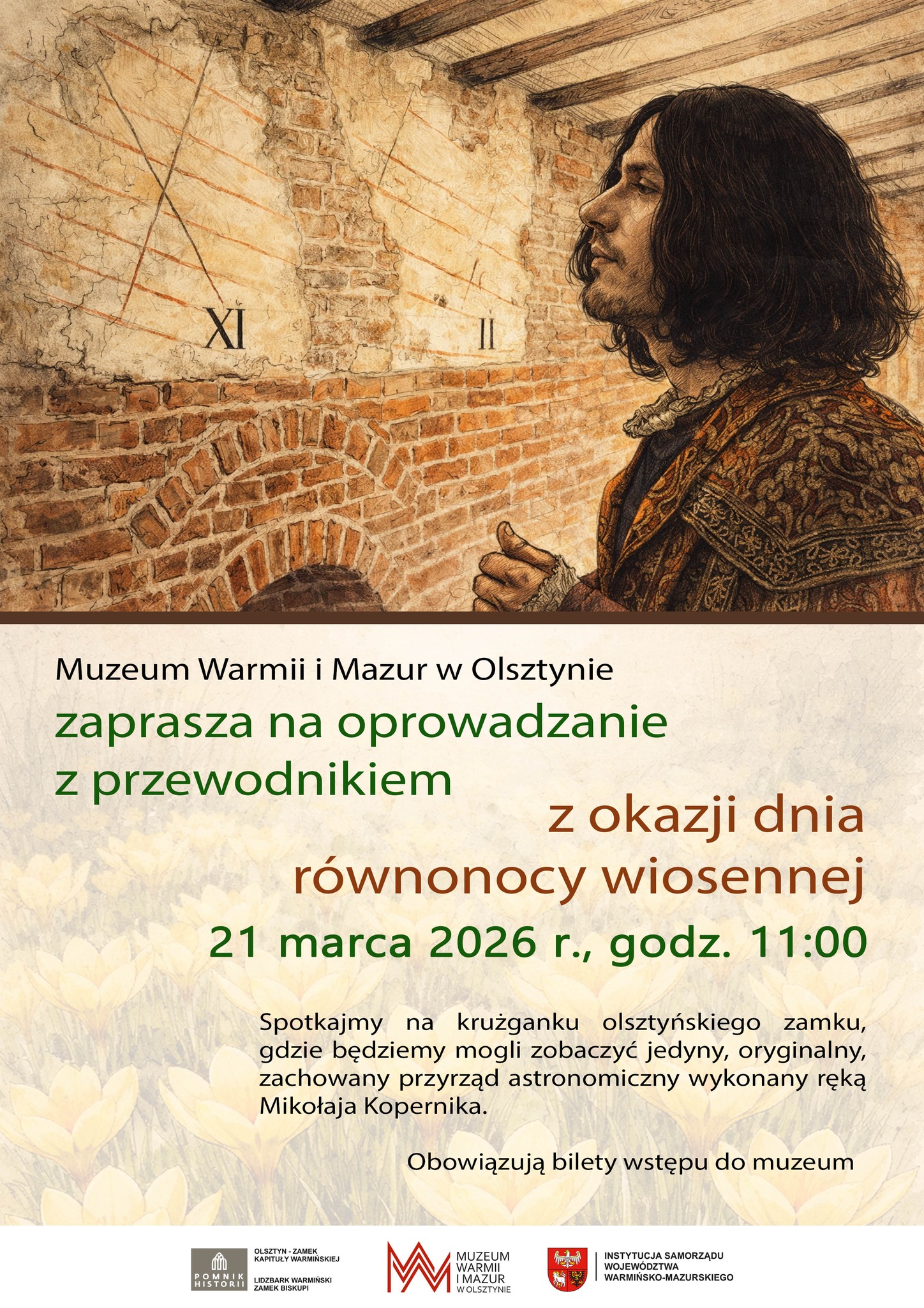 Plakat zapraszający w sobotę 21 maja 2026 r. do Muzeum Warmii i Mazur w Olsztynie na spacer z przewodnikiem z okazji "Dnia równonocy wiosennej" Muzeum Warmii i Mazur w Olsztynie 2026. 