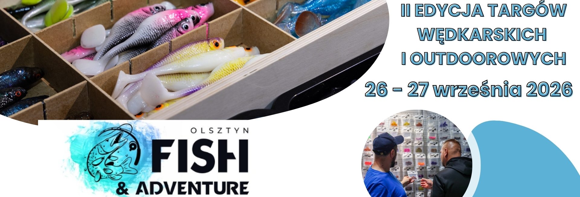 Plakat zapraszający w dniach 26-27 września 2026 r. do Olsztyna na Targi Wędkarskie i Outdoorowe - Fish & Adventure Hala Urania Olsztyn 2026. 