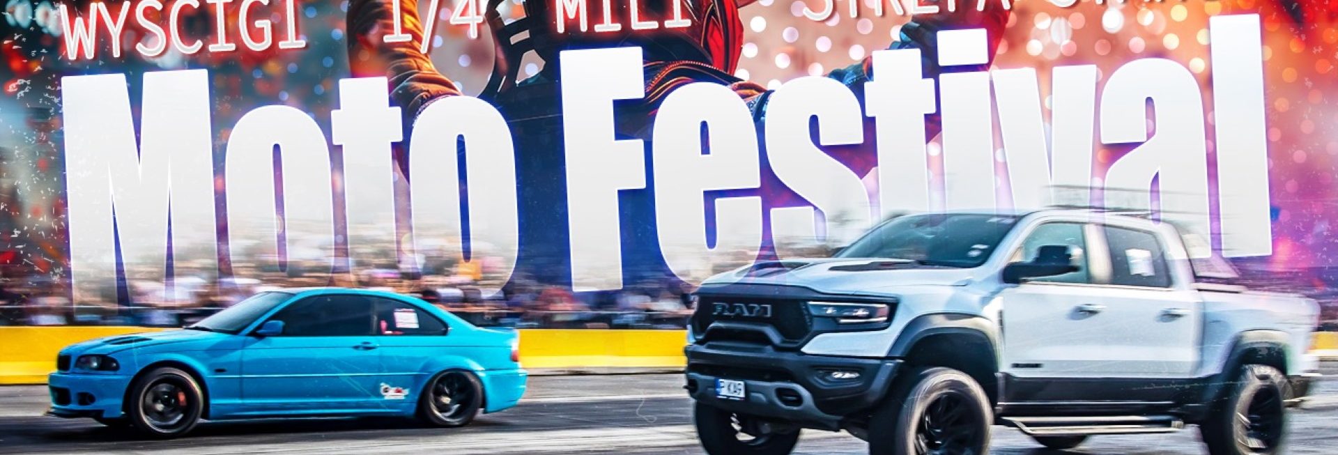 Plakat zapraszający w niedzielę 26 kwietnia 2026 r. na Lotnisko w Dajtkach na kolejną edycję Moto Festivalu – Wyścig na 1/4 mili - Moto Festival Lotnisko Dajtki Olsztyn 2026.