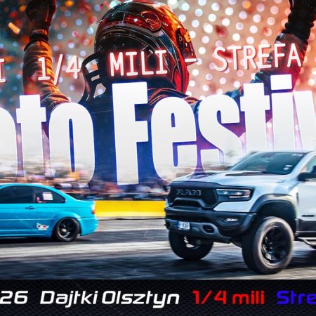 Plakat zapraszający w niedzielę 26 kwietnia 2026 r. na Lotnisko w Dajtkach na kolejną edycję Moto Festivalu – Wyścig na 1/4 mili - Moto Festival Lotnisko Dajtki Olsztyn 2026.