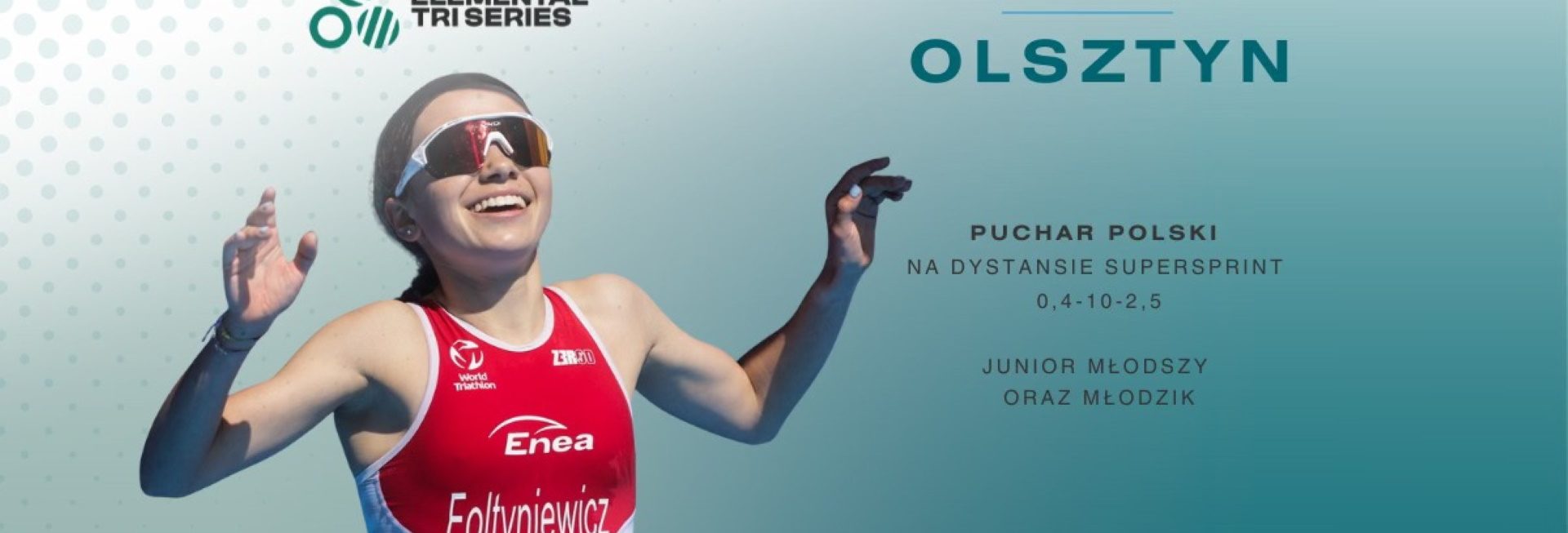 Plakat zapraszający w sobotę 23 maja 2026 r. do Olsztyna na Zawody Elemental Tri Series Triathlon Olsztyn 2026. 