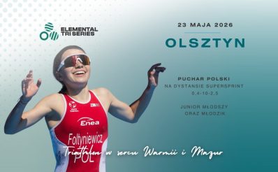 Plakat zapraszający w sobotę 23 maja 2026 r. do Olsztyna na Zawody Elemental Tri Series Triathlon Olsztyn 2026. 