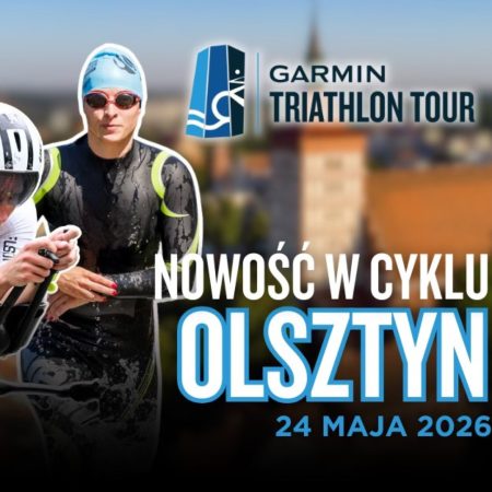 Plakat zapraszający w niedzielę 24 maja 2026 r. do Olsztyna na Zawody Garmin Triathlon Tour Olsztyn 2026.