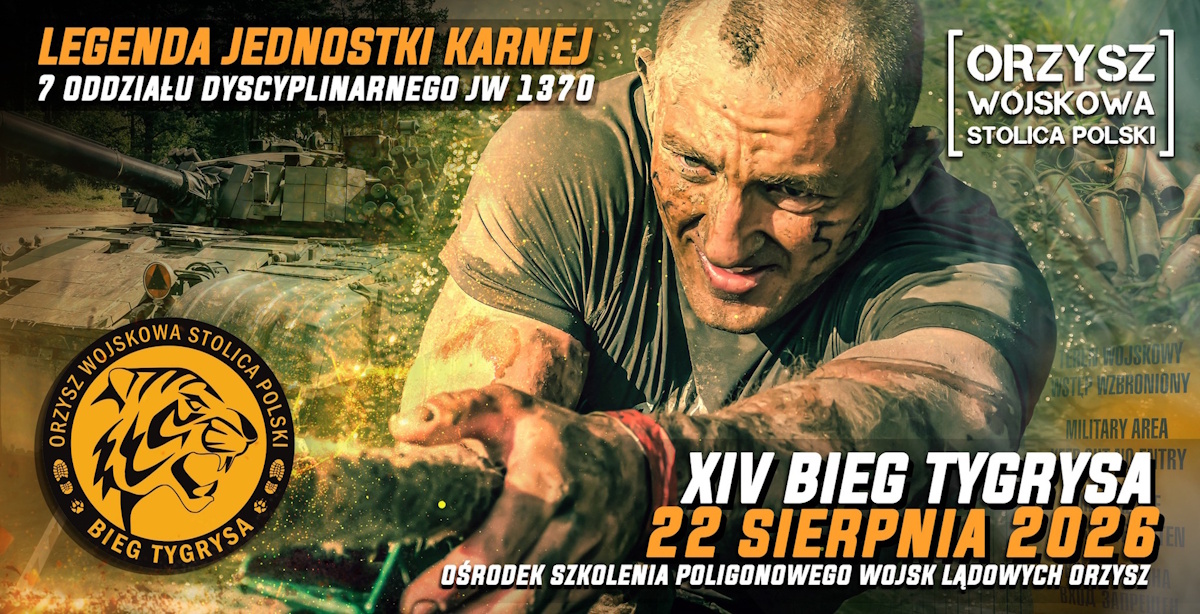 Plakat zapraszający w sobotę 22 sierpnia 2026 r. do Orzysza na 14. edycję Biegu Tygrysa Orzysz 2026.