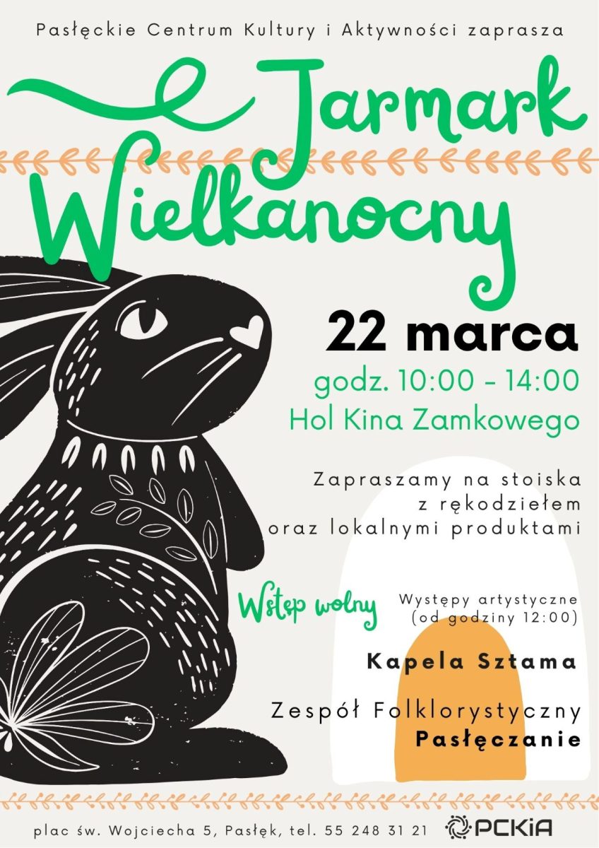 Plakat zapraszający w niedzielę 22 marca 2026 r. do Pasłęka na Jarmark Wielkanocny Pasłęk 2026.