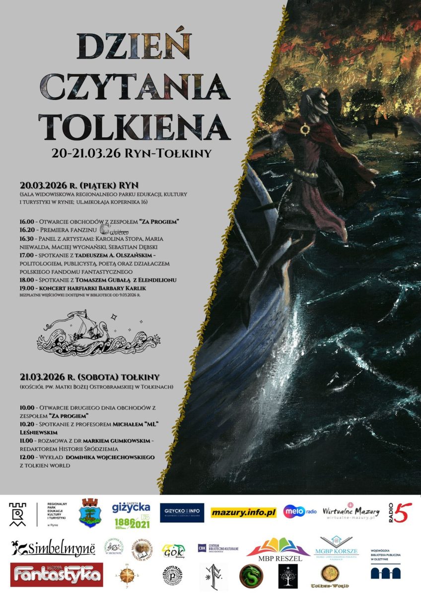 Plakat zapraszający w piątek i sobotę 20 i 21 marca 2026 r. do Rynu i Tołkin na Dzień Czytania Tolkiena Ryn & Tołkiny 2026. 