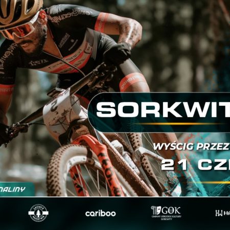 Plakat zapraszający w niedzielę 21 czerwca 2026 r. do miejscowości Sorkwity na Łaciate Mazury MTB "Wyścig przez Jary Lampasza" Sorkwity 2026.