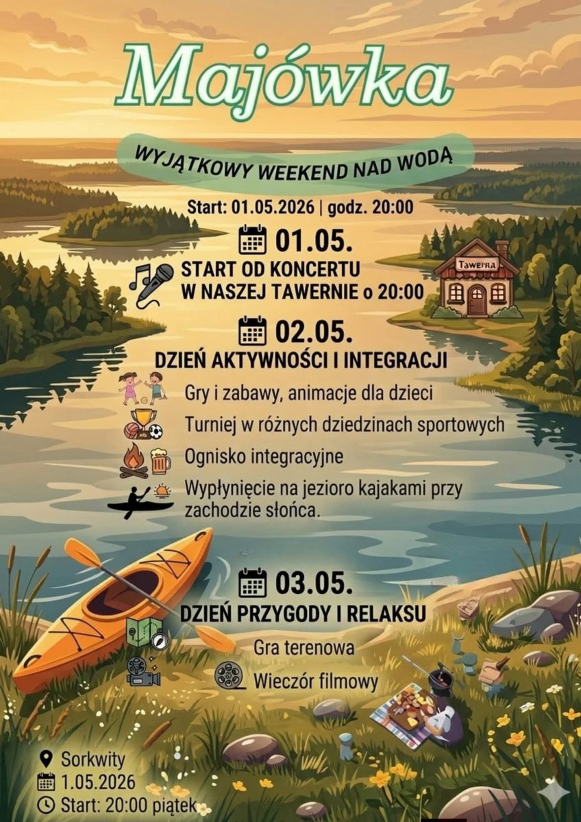 Plakat zapraszający w dniach 1-3 maja 2026 r. do miejscowości Sorkwity na Majówkę - wyjątkowy weekend nad wodą Sorkwity 2026. 