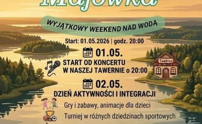 Plakat zapraszający w dniach 1-3 maja 2026 r. do miejscowości Sorkwity na Majówkę - wyjątkowy weekend nad wodą Sorkwity 2026. 