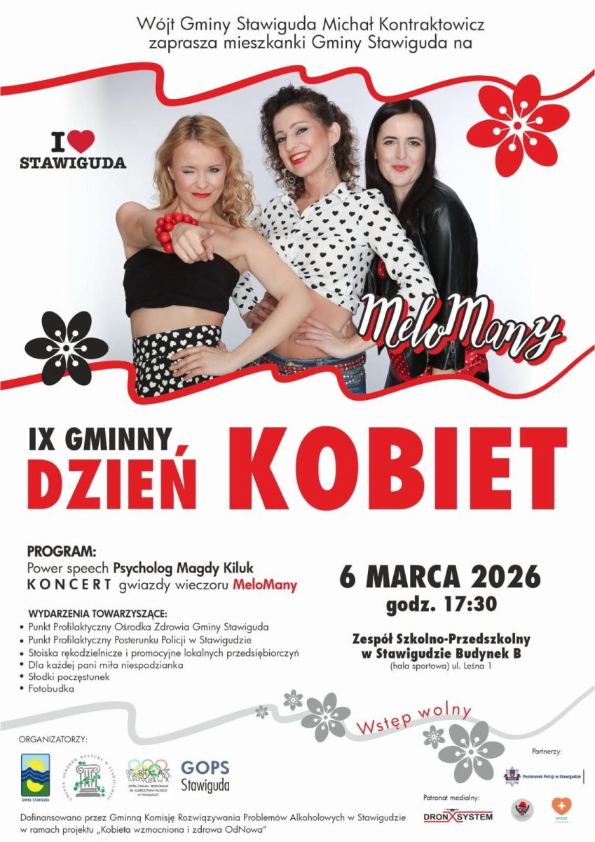 Plakat zapraszający w piątek 6 marca 2026 r. do Stawigudy na koncert gminny z okazji Dnia Kobiet Stawiguda 2026. 