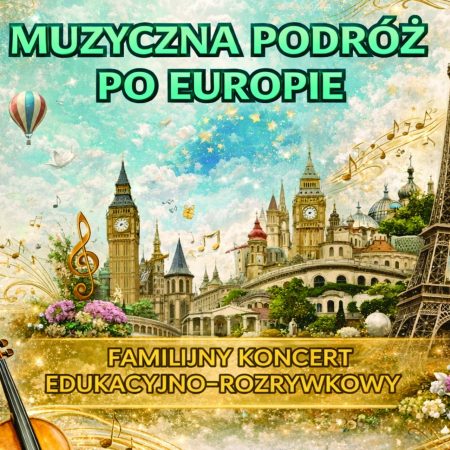 Plakat zapraszający w niedzielę 29 marca 2026 r. do Stawigudy na koncert "Muzyczna podróż po Europie" Stawiguda 2026. 