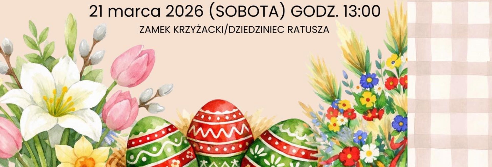 Plakat zapraszający w sobotę 21 marca 2026 r. do Szczytna na Jarmark Wielkanocny Szczytno 2026. 