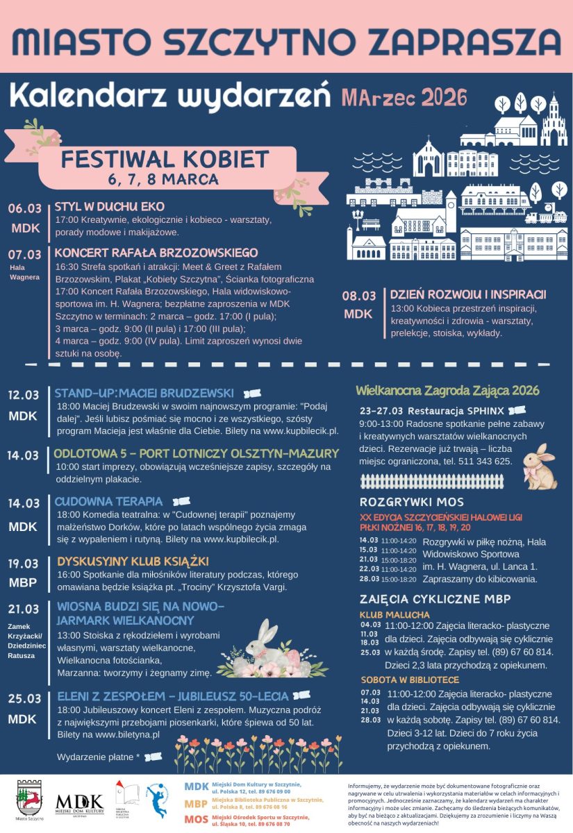 Szczytno - kalendarz imprez na marzec 2026 r.