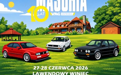Plakat zapraszający w dniach 27-28 czerwca 2026 r. do miejscowości Winiec w gminie Miłomłyn na MASURIA 2026 & 10urodziny VagOstróda Winiec 2026. 