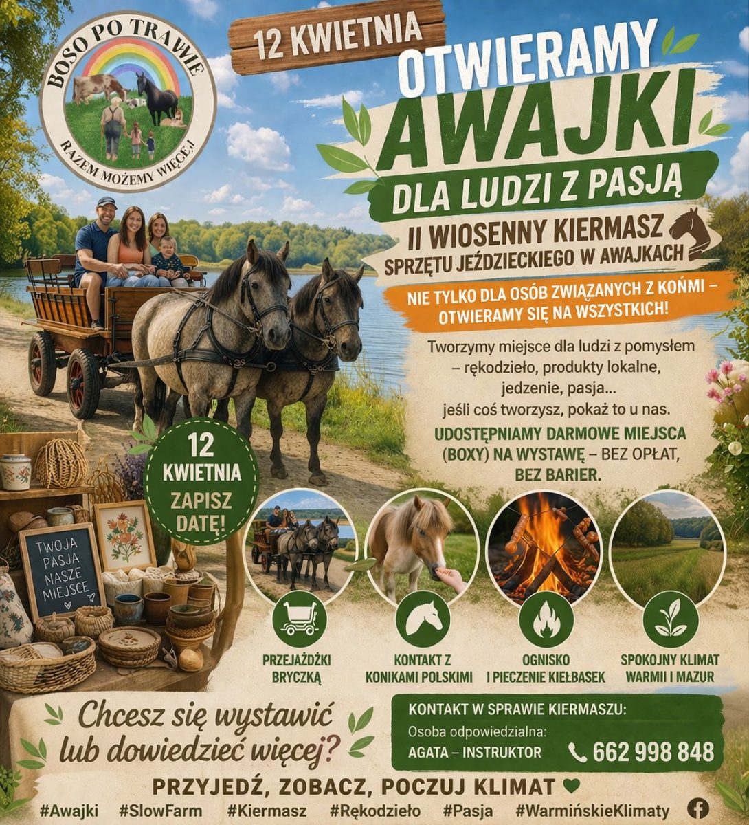 Plakat zapraszający w niedzielę 12 kwietnia 2026 r. do miejscowości Awajki w gminie Pasłęk na Wiosenny Kiermasz Sprzętu Jeździeckiego w Awajkach 2026.