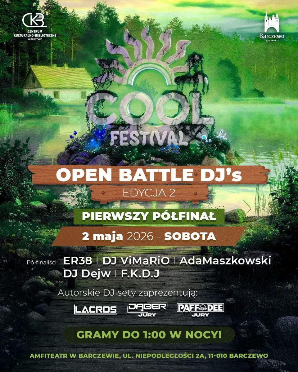 Plakat zapraszający w dniu 2 maja 2026 r. do Barczewa na Cool Festival Eliminacje Barczewo 2026. 