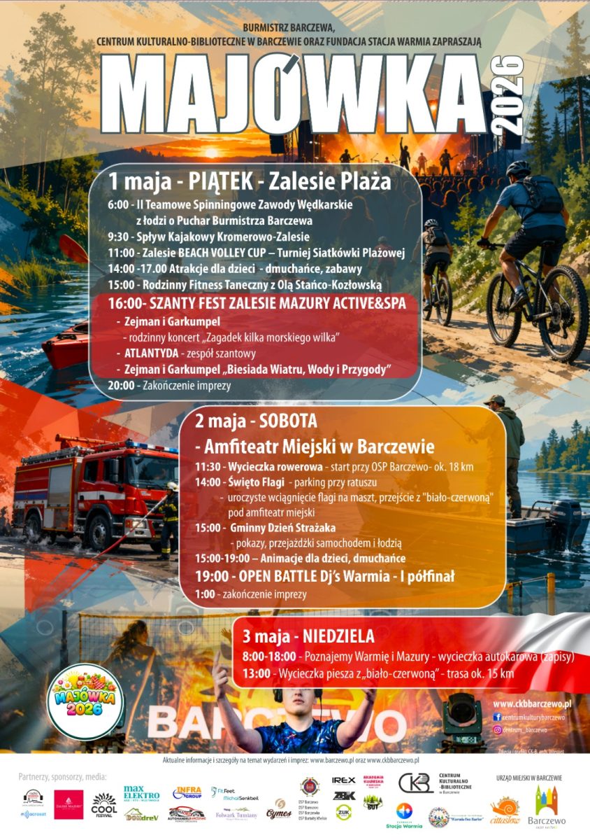 Plakat zapraszający w dniach 1-3 maja 2026 r. do Barczewa na Majówkę w Barczewie 2026. 