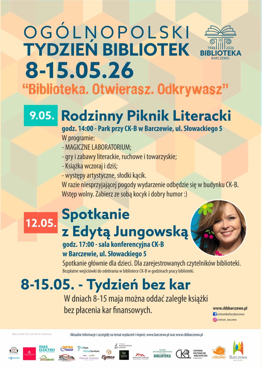 Plakat zapraszający w dniach 8-15 maja 2026 r. do Barczewa na Ogólnopolski Tydzień Bibliotek Barczewo 2026. 