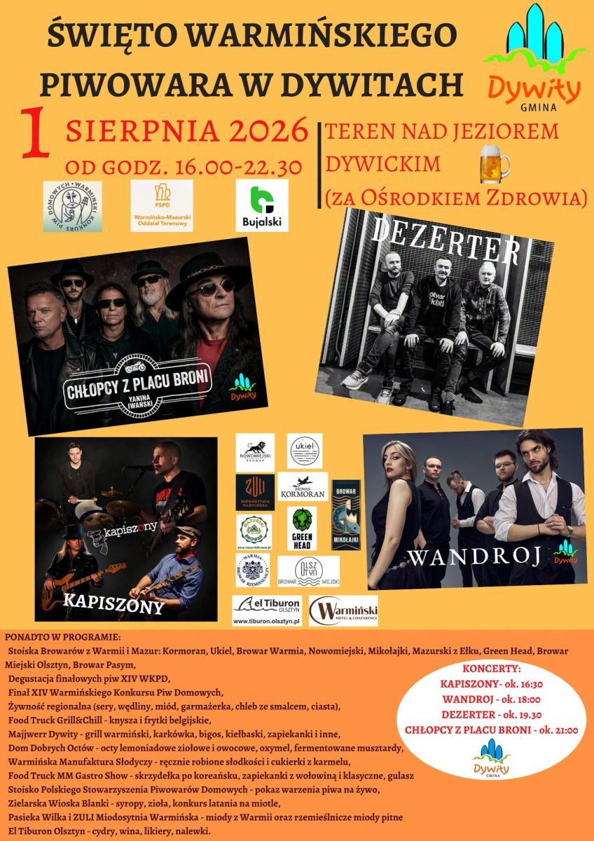Plakat zapraszający w sobotę 1 sierpnia 2026 r. do Dywit na Święto Warmińskiego Piwowara Dywity 2026.