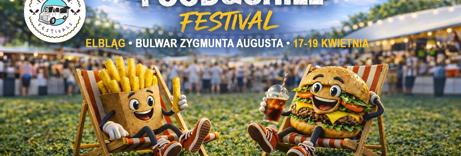 Plakat zapraszający w dniach 17-19 kwietnia 2026 r. do Elbląga na Food & Chill Festival Elbląg 2026. 
