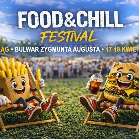 Plakat zapraszający w dniach 17-19 kwietnia 2026 r. do Elbląga na Food & Chill Festival Elbląg 2026.