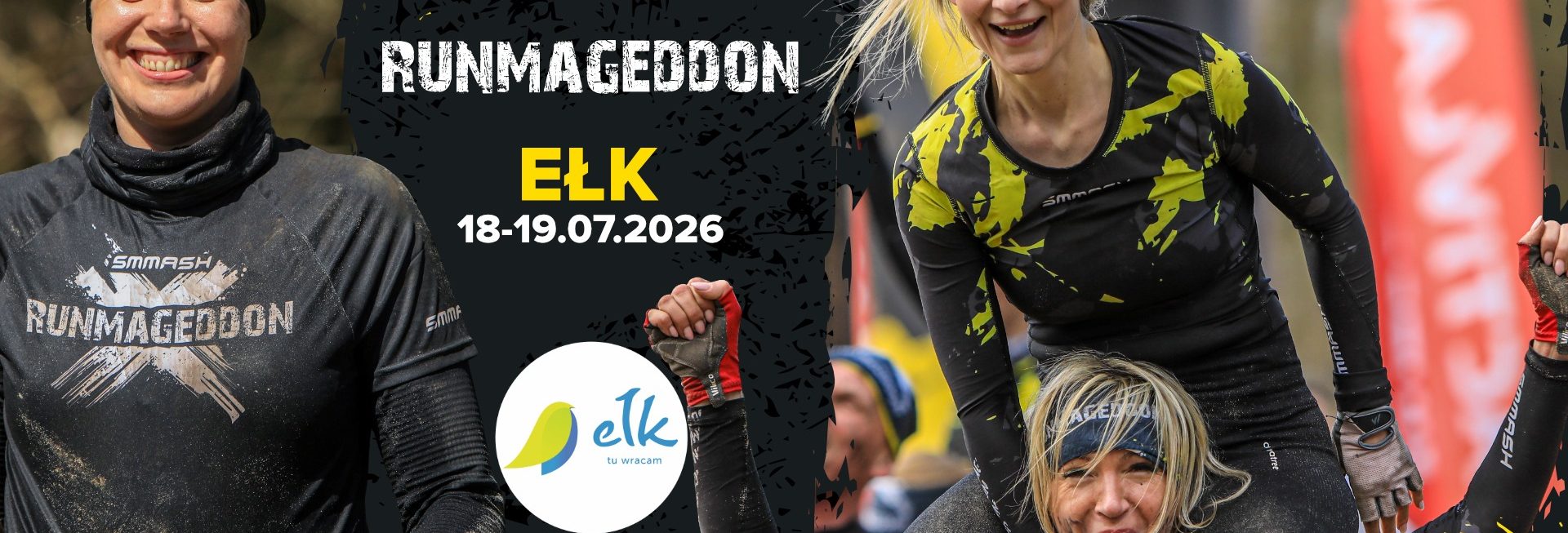 Plakat zapraszający w dniach 18-19 lipca 2026 r. do Ełku na Zawody RUNMAGEDDON Ełk 2026. 