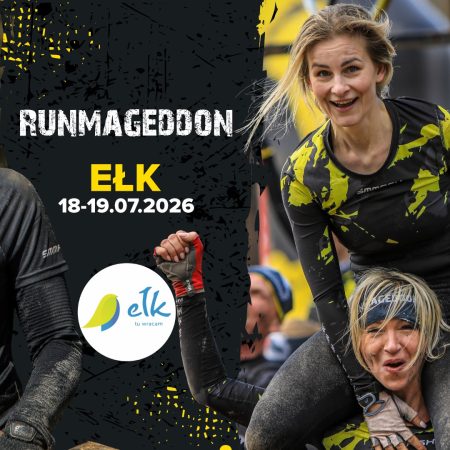 Plakat zapraszający w dniach 18-19 lipca 2026 r. do Ełku na Zawody RUNMAGEDDON Ełk 2026. 