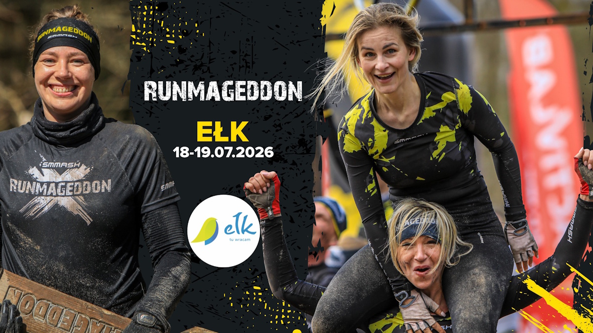 Plakat zapraszający w dniach 18-19 lipca 2026 r. do Ełku na Zawody RUNMAGEDDON Ełk 2026. 