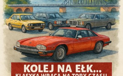 Plakat zapraszający w dniach 11-14 czerwca 2026 r. do Ełku na Zlot Samochodów Zabytkowych na Warmii i Mazurach Ełk 2026. 