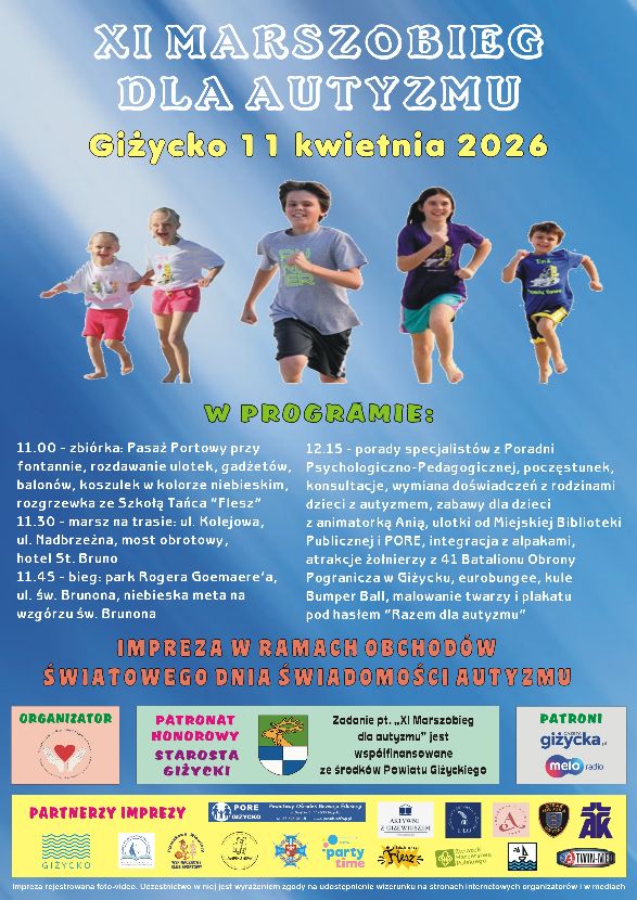 Plakat zapraszający w sobotę 11 kwietnia 2026 r. do Giżycka na Marszobieg dla Autyzmu Giżycko 2026. 