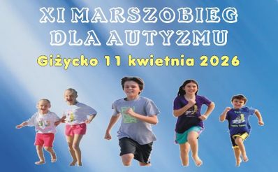 Plakat zapraszający w sobotę 11 kwietnia 2026 r. do Giżycka na Marszobieg dla Autyzmu Giżycko 2026. 