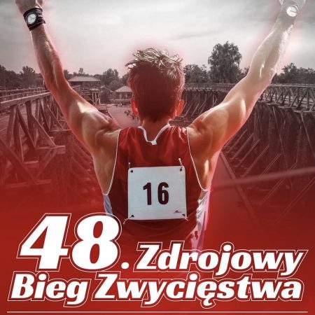 Plakat zapraszający w sobotę 23 maja 2026 r. do Gołdapi na zawody - 48 Zdrojowy Bieg Zwycięstwa Gołdap 2026.  