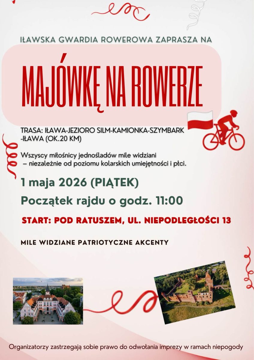 Plakat zapraszający w piątek 1 maja 2026 r. do Iławy na Majówkę na Rowerze Iława 2026.