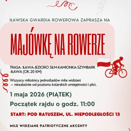 Plakat zapraszający w piątek 1 maja 2026 r. do Iławy na Majówkę na Rowerze Iława 2026.