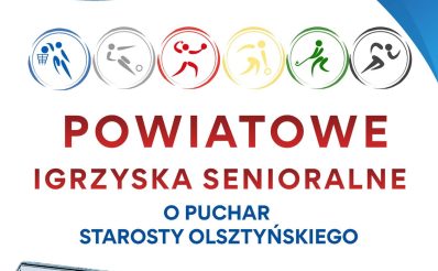 Plakat zapraszający w sobotę 18 kwietnia 2026 r. do Jezioran na Powiatowe Igrzyska Senioralne o Puchar Starosty Olsztyńskiego Jeziorany 2026. 