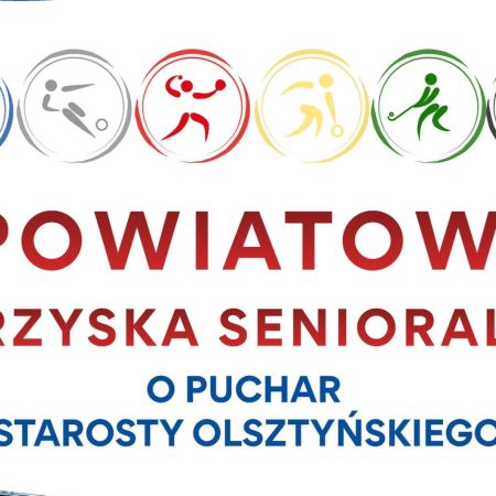 Plakat zapraszający w sobotę 18 kwietnia 2026 r. do Jezioran na Powiatowe Igrzyska Senioralne o Puchar Starosty Olsztyńskiego Jeziorany 2026. 