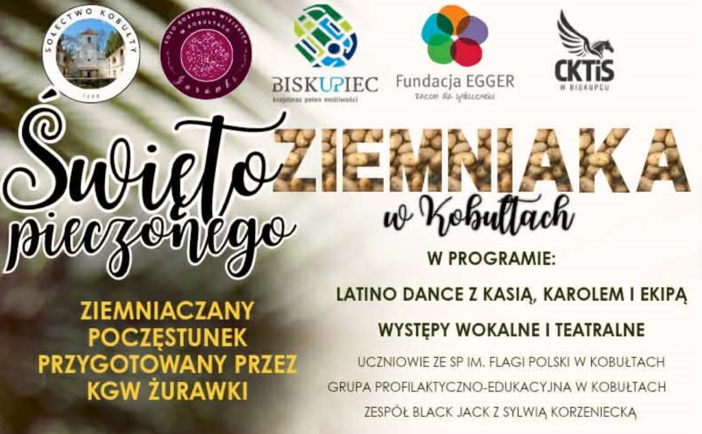 Plakat zapraszający w sobotę 25 kwietnia 2026 r. do miejscowości Kobułty w gminie Biskupiec na Święto Pieczonego Ziemniaka Kobułty 2026.