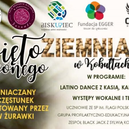 Plakat zapraszający w sobotę 25 kwietnia 2026 r. do miejscowości Kobułty w gminie Biskupiec na Święto Pieczonego Ziemniaka Kobułty 2026.