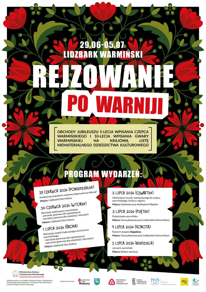 Plakat zapraszający od 29 czerwca do 5 lipca 2026 r. do Lidzbarka Warmińskiego na Rejzowanie po Warniji w Lidzbarku Warmińskim 2026.  